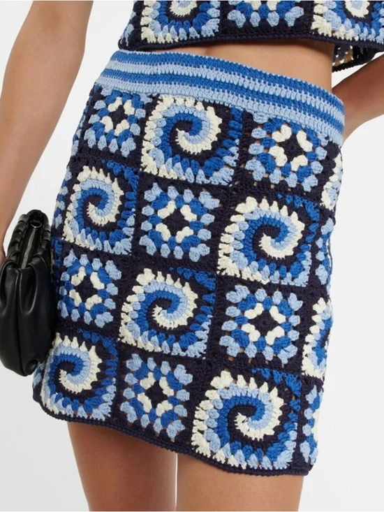 NWT Staud Brazing Cotton Crochet Granny Square Mini Skirt in Acid Cobalt Size XL - Picture 3 of 12